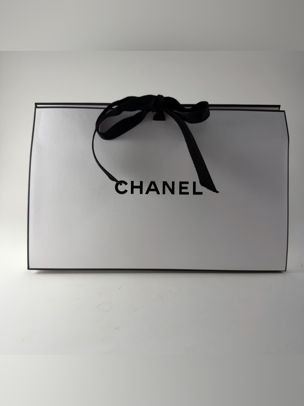 CHANEL White Black Gift Shopping Bag Ribbon Handles Authentic Boutique Packaging